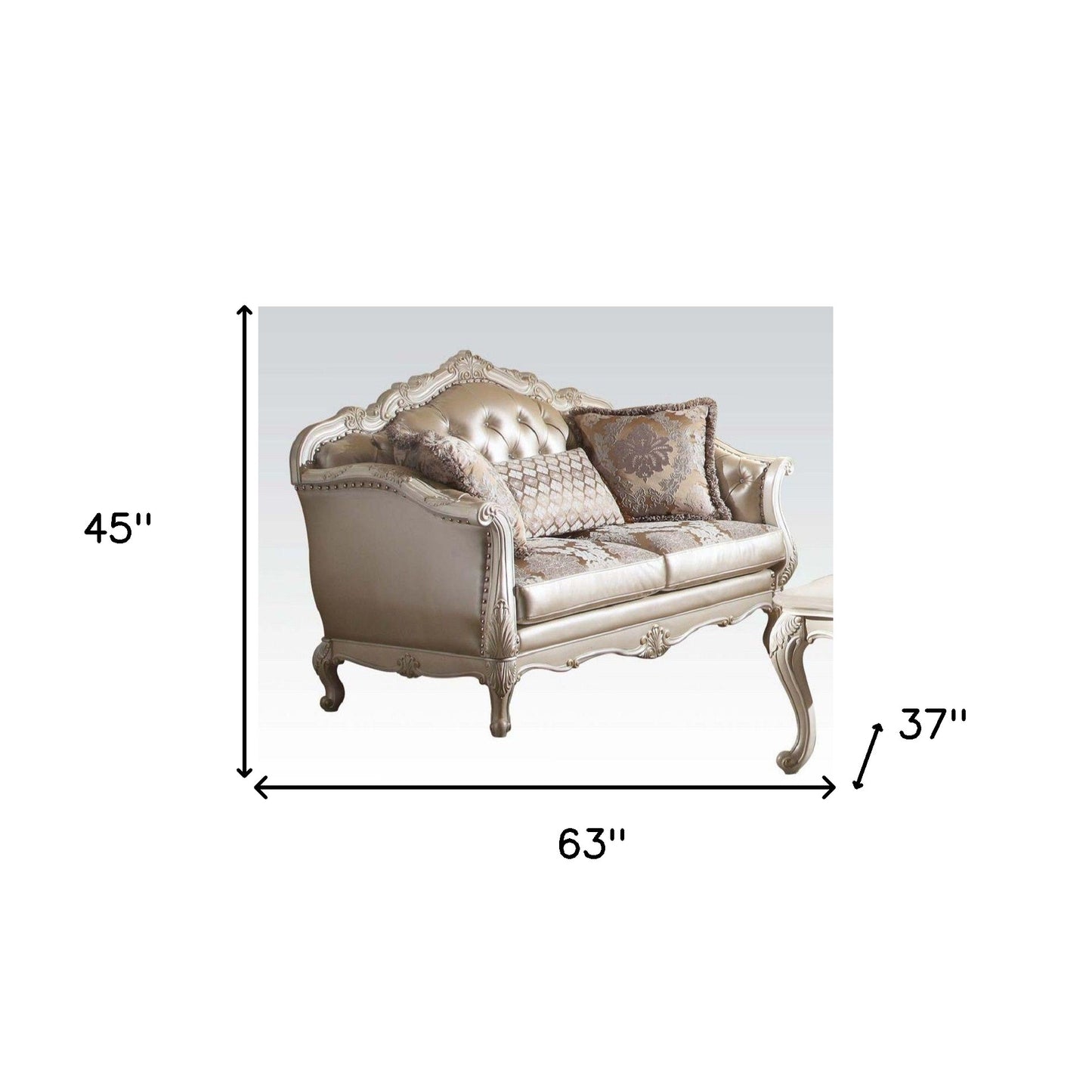 63" Rose Gold And Pearl Faux Leather Curved Love Seat And Toss Pillows