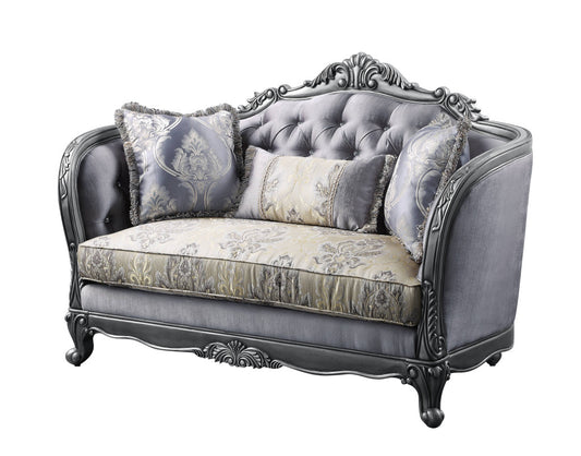 65" Gray Silver And Platinum Silk Blend Love Seat And Toss Pillows