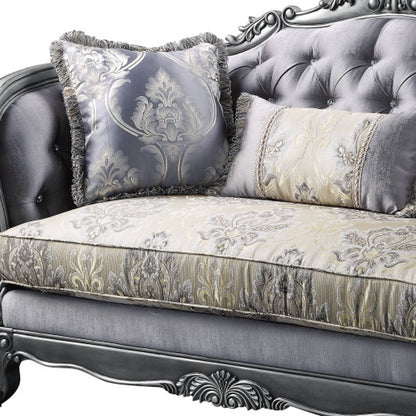 65" Gray Silver And Platinum Silk Blend Love Seat And Toss Pillows