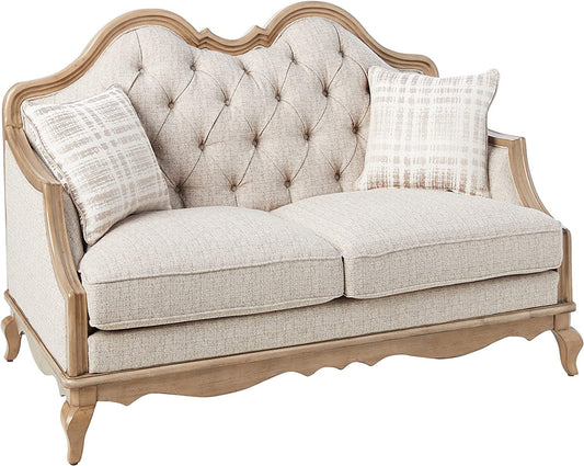 62" Beige And Brown Linen Love Seat And Toss Pillows