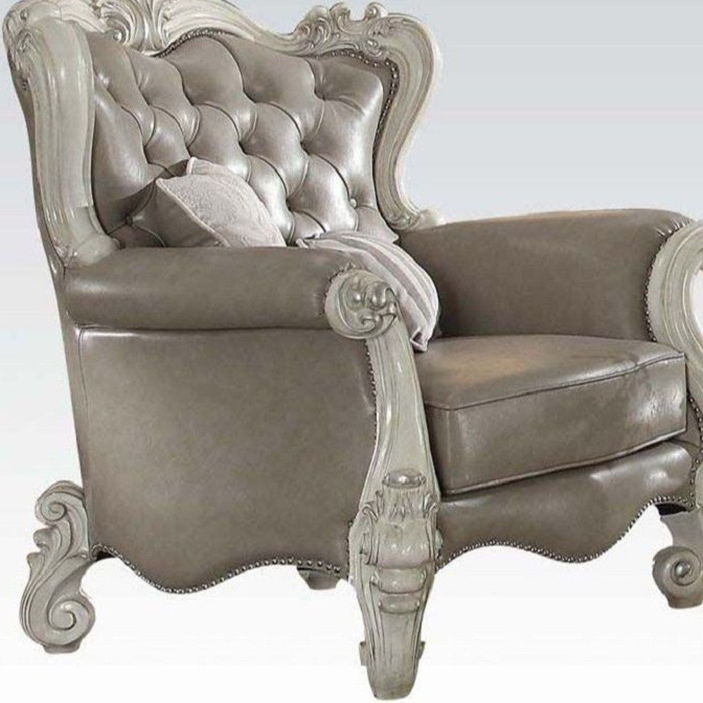 43" Gray and Bone Faux Leather Tufted Wingback Chair