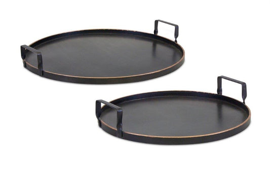 Set Of Two Black and Gold Round Metal Serving Tray With Handles