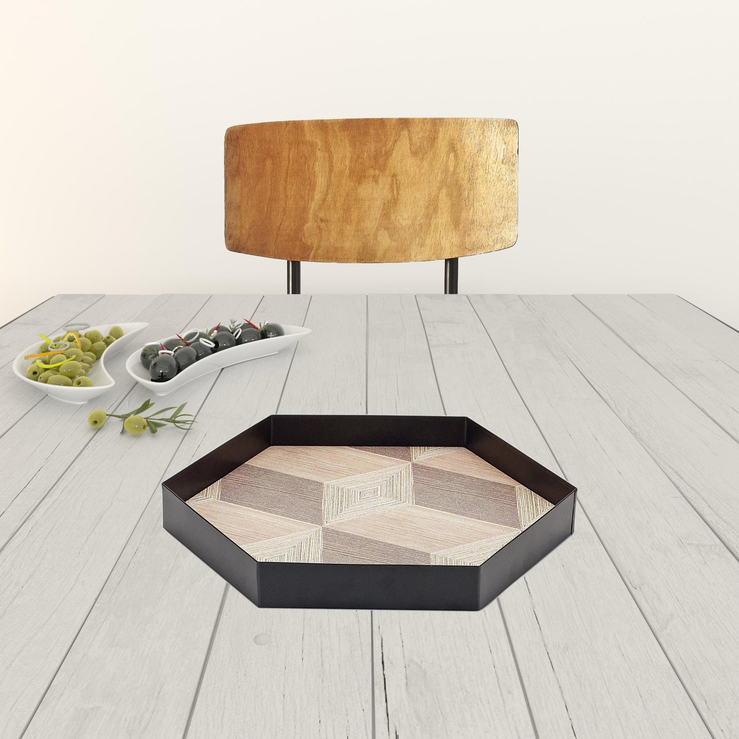 Set Of Three 12" Natural and Black Hexagon Trays