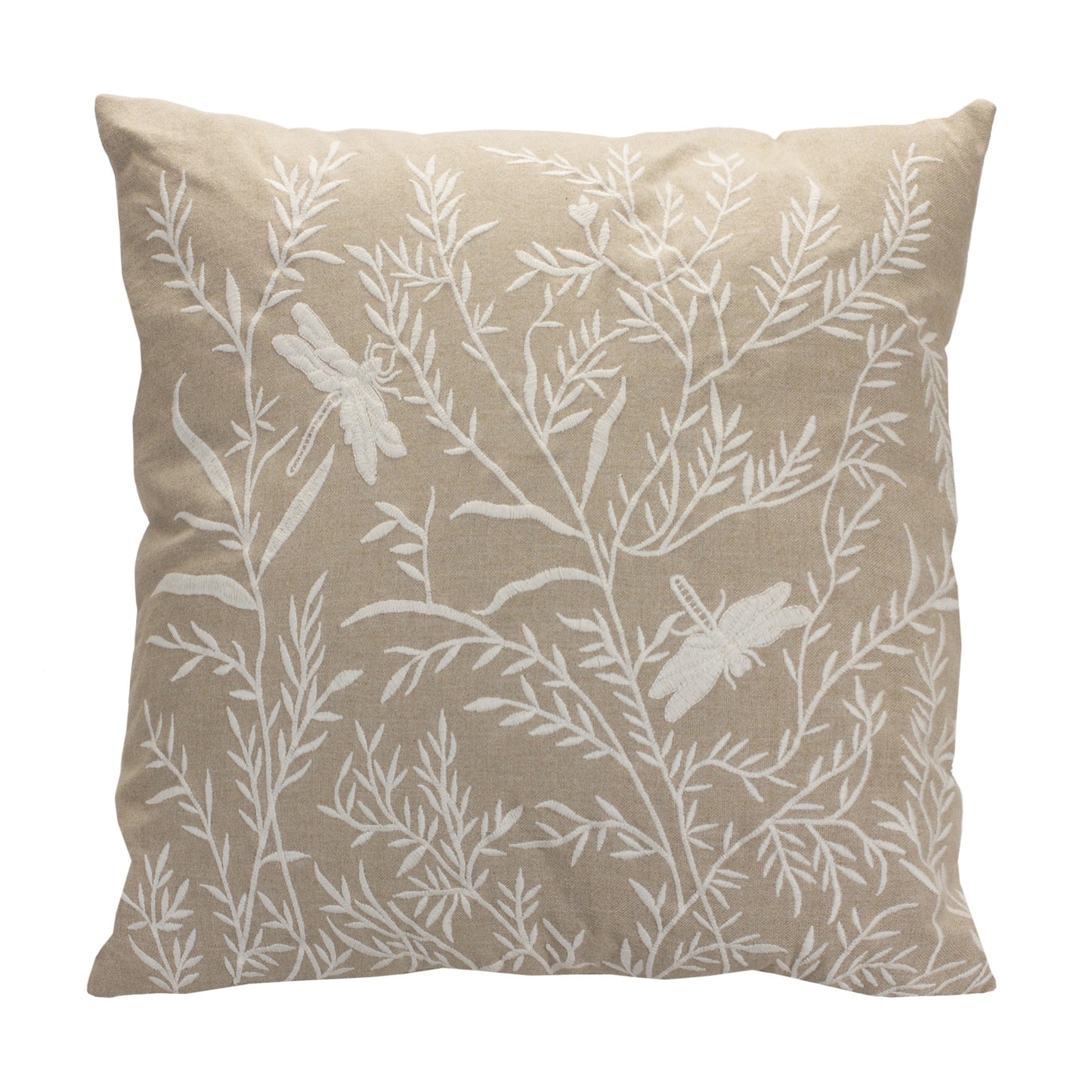 17" Beige And White Floral Cotton Blend Throw Pillow With Embroidery