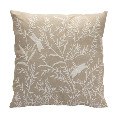 17" Beige And White Floral Cotton Blend Throw Pillow With Embroidery