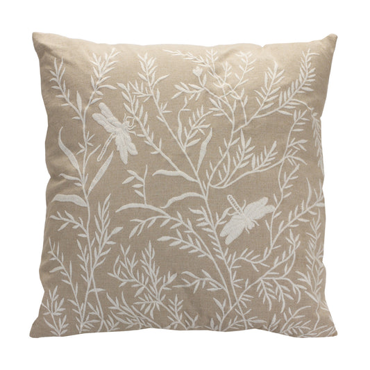 17" Beige And White Floral Cotton Blend Throw Pillow With Embroidery