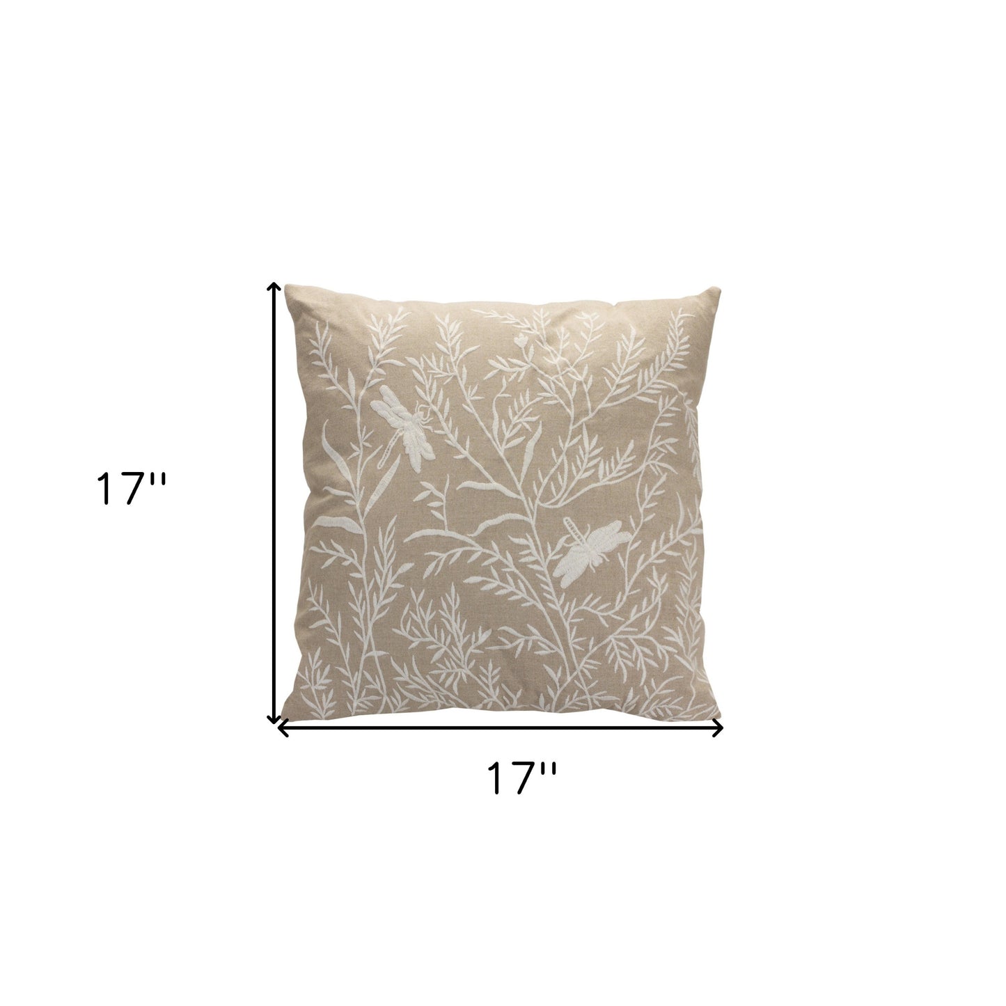 17" Beige And White Floral Cotton Blend Throw Pillow With Embroidery