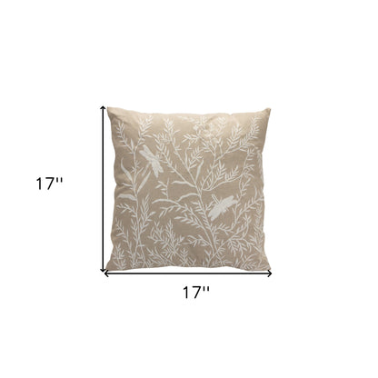 17" Beige And White Floral Cotton Blend Throw Pillow With Embroidery