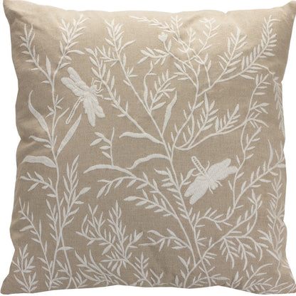 17" Beige And White Floral Cotton Blend Throw Pillow With Embroidery
