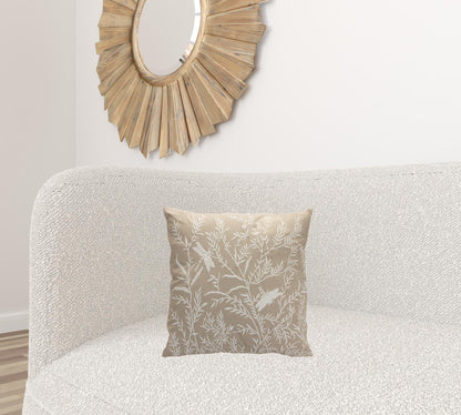 17" Beige And White Floral Cotton Blend Throw Pillow With Embroidery