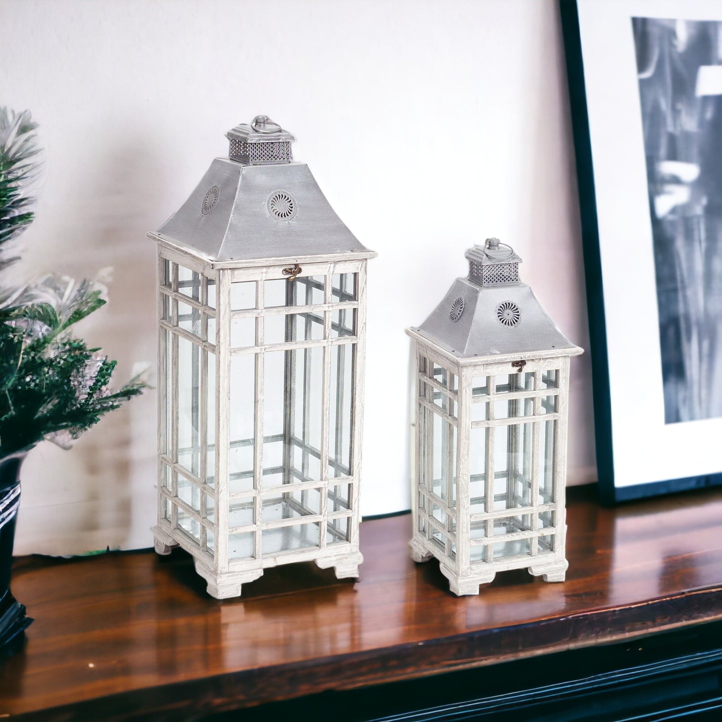Set Of Two Gray Flameless Floor Lantern Candle Holders