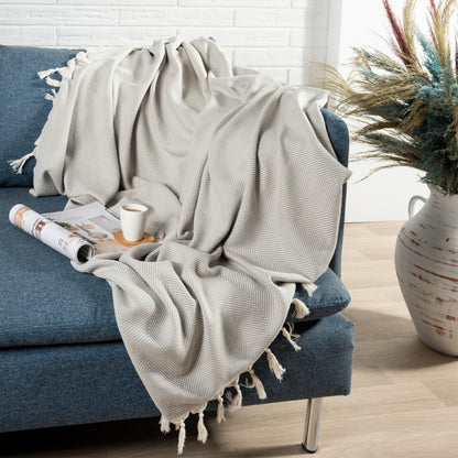 Gray Woven Cotton Herringbone Throw Blanket