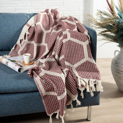 Blue and Off White Woven Cotton Geometric Throw Blanket