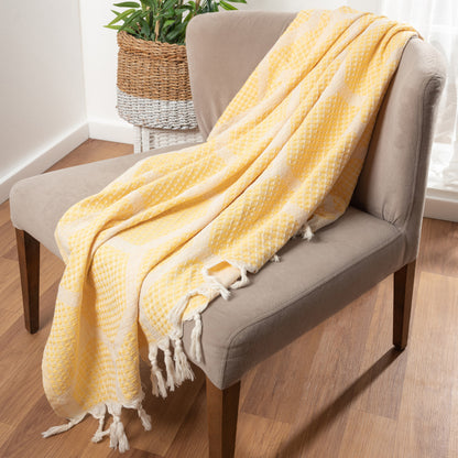 Blue and Off White Woven Cotton Geometric Throw Blanket