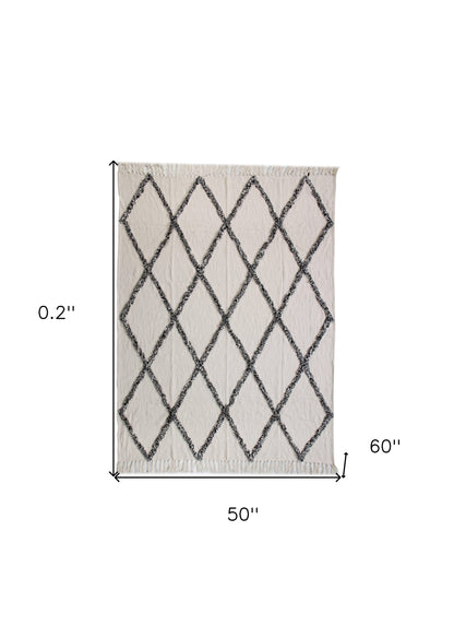 Cream Woven Cotton Geometric Throw Blanket