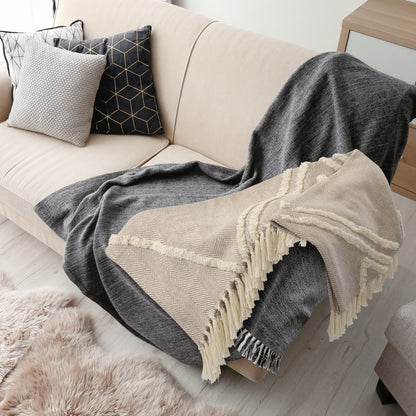 Cream Woven Cotton Herringbone Throw Blanket