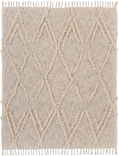 Beige Woven Cotton Geometric Throw Blanket