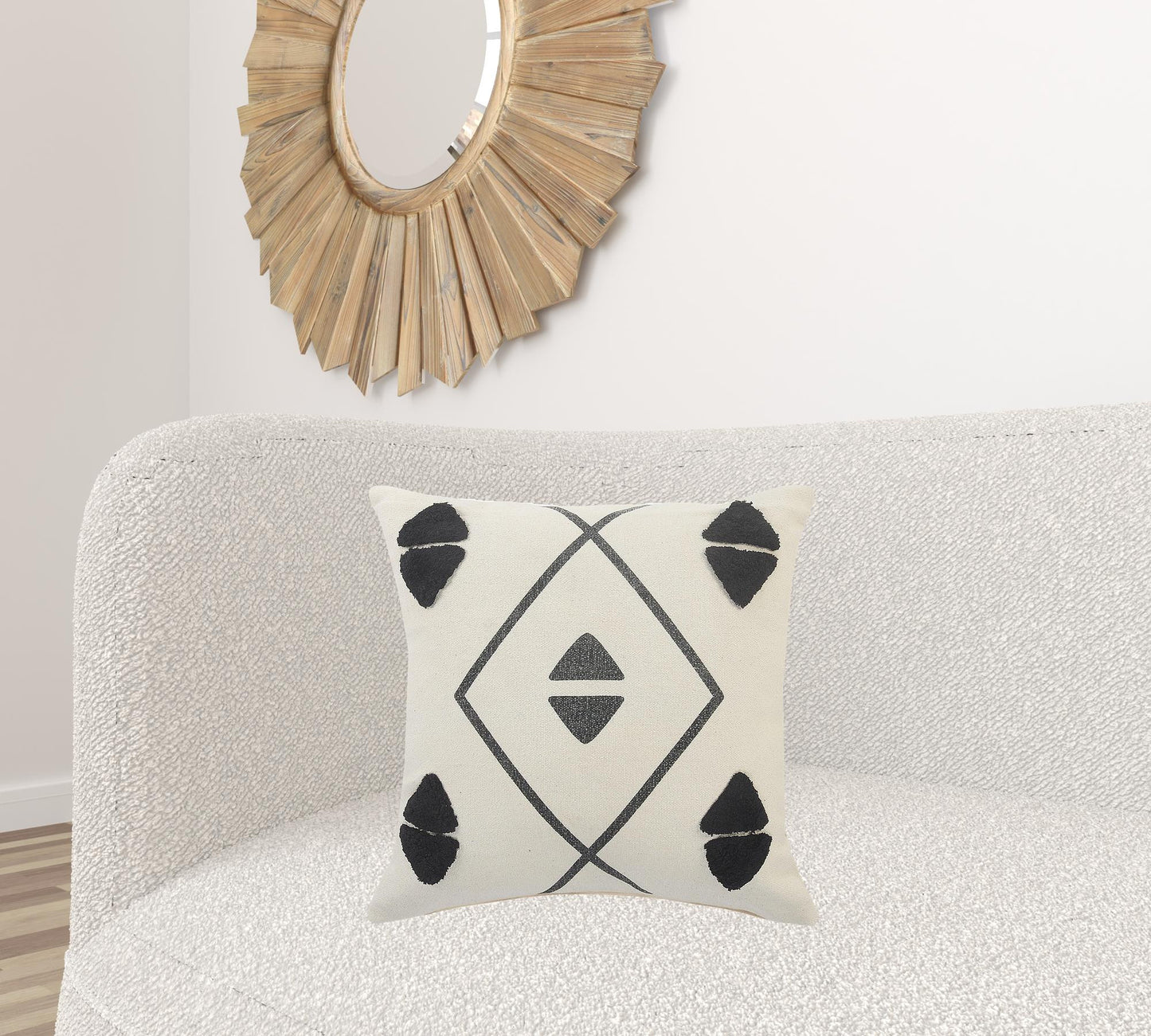 20" X 20" Cream Black And Gray 100% Cotton Geometric Zippered Pillow