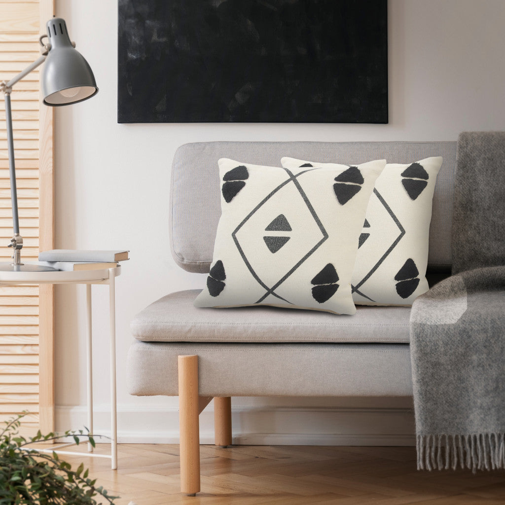 20" X 20" Cream Black And Gray 100% Cotton Geometric Zippered Pillow