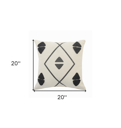20" X 20" Cream Black And Gray 100% Cotton Geometric Zippered Pillow