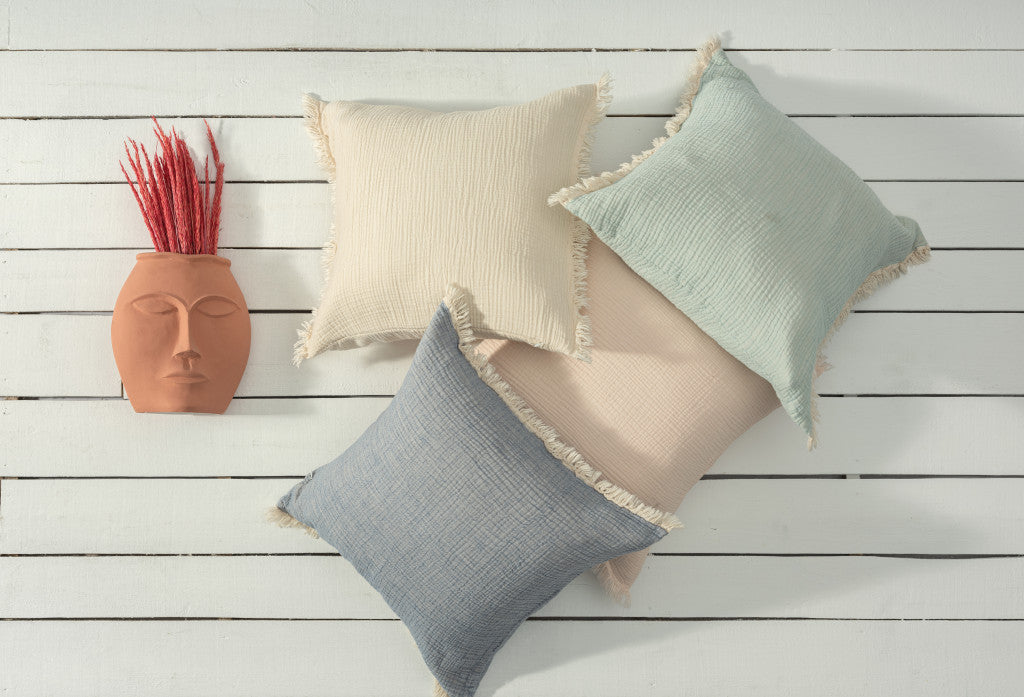 20" X 20" Blue Gray And Cream 100% Cotton Zippered Pillow