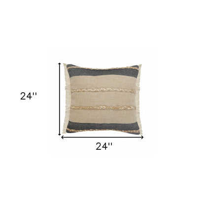14" X 36" Black Tan And Taupe Jute Striped Zippered Pillow