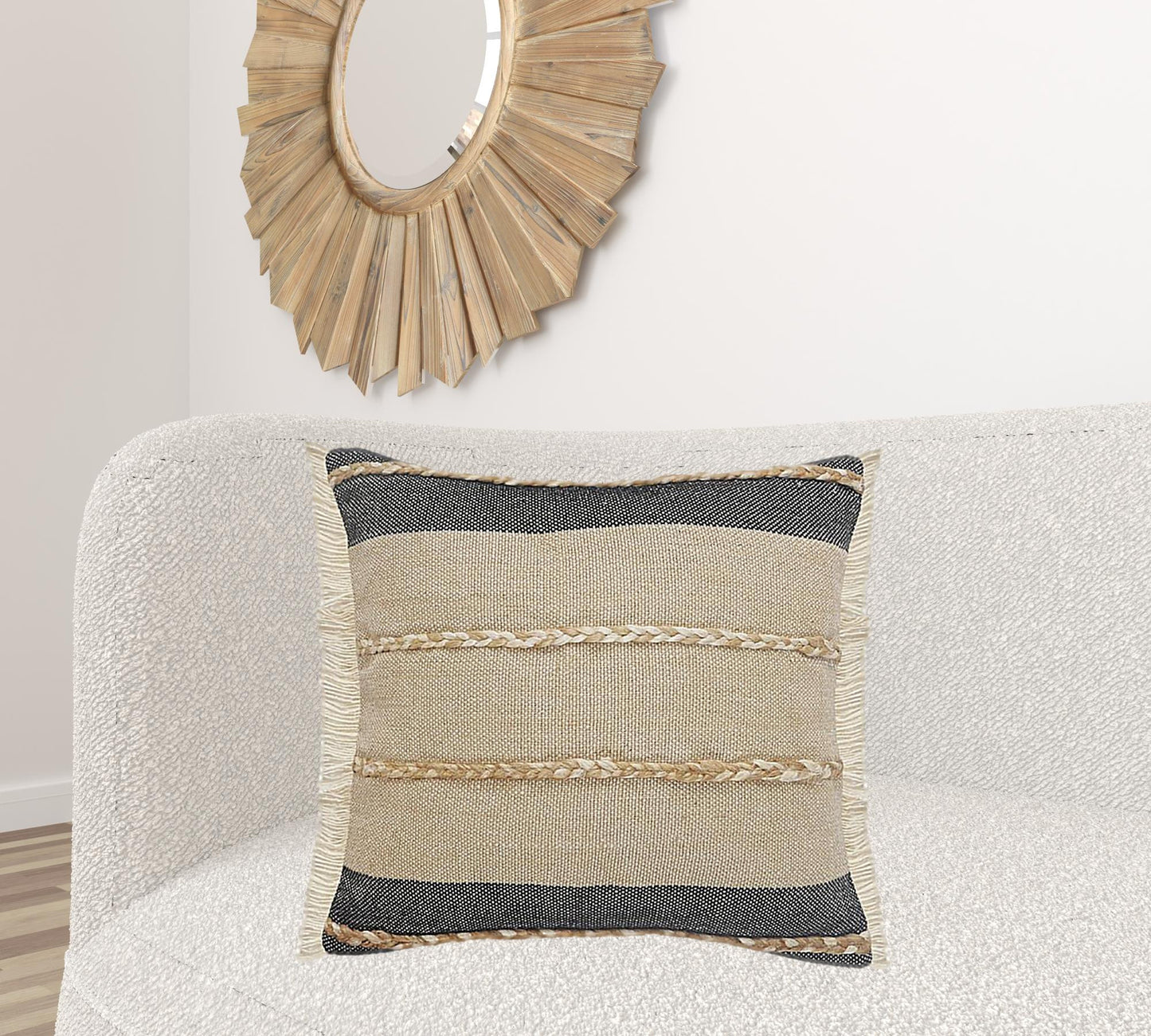 14" X 36" Black Tan And Taupe Jute Striped Zippered Pillow
