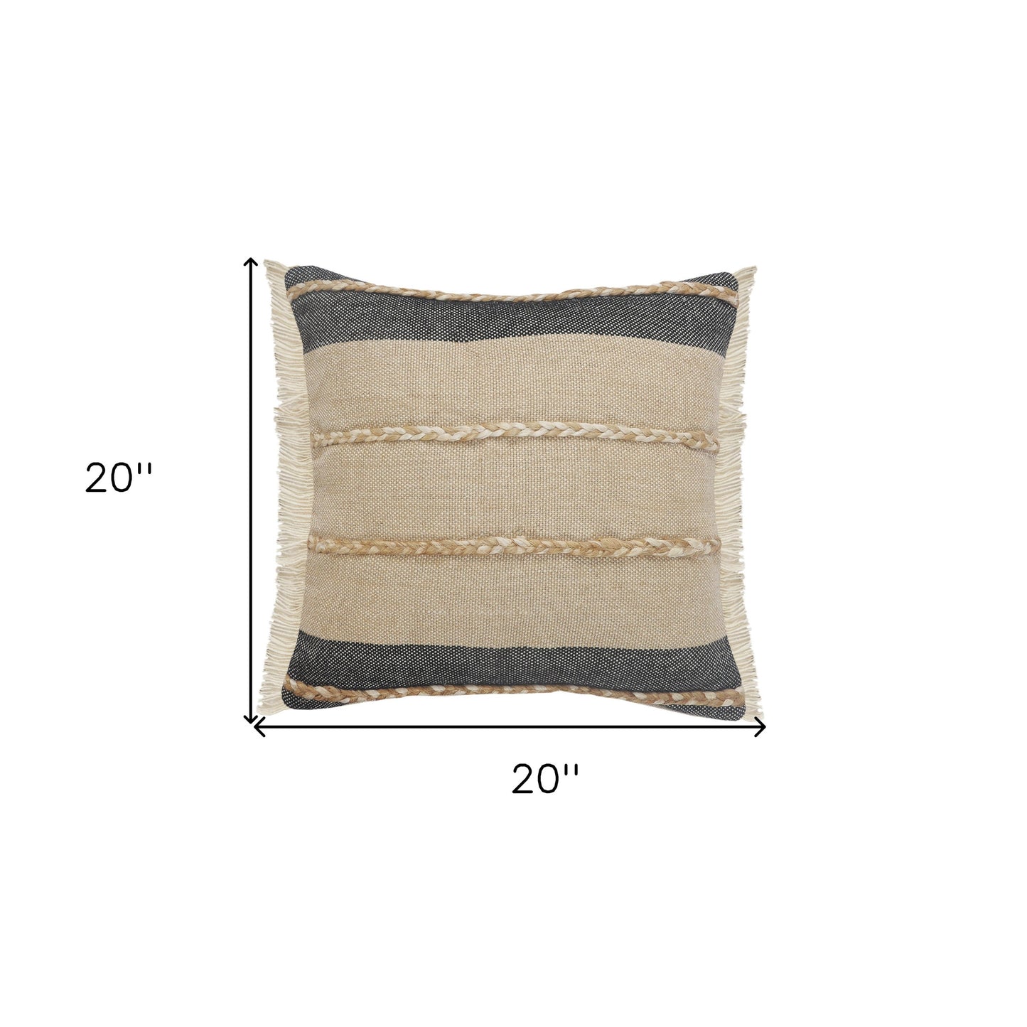 14" X 36" Black Tan And Taupe Jute Striped Zippered Pillow