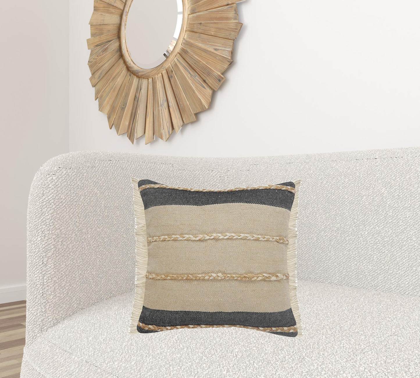 14" X 36" Black Tan And Taupe Jute Striped Zippered Pillow