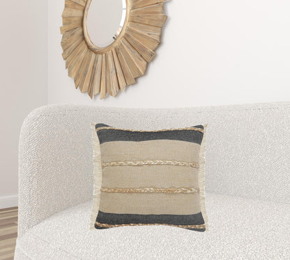 14" X 36" Black Tan And Taupe Jute Striped Zippered Pillow