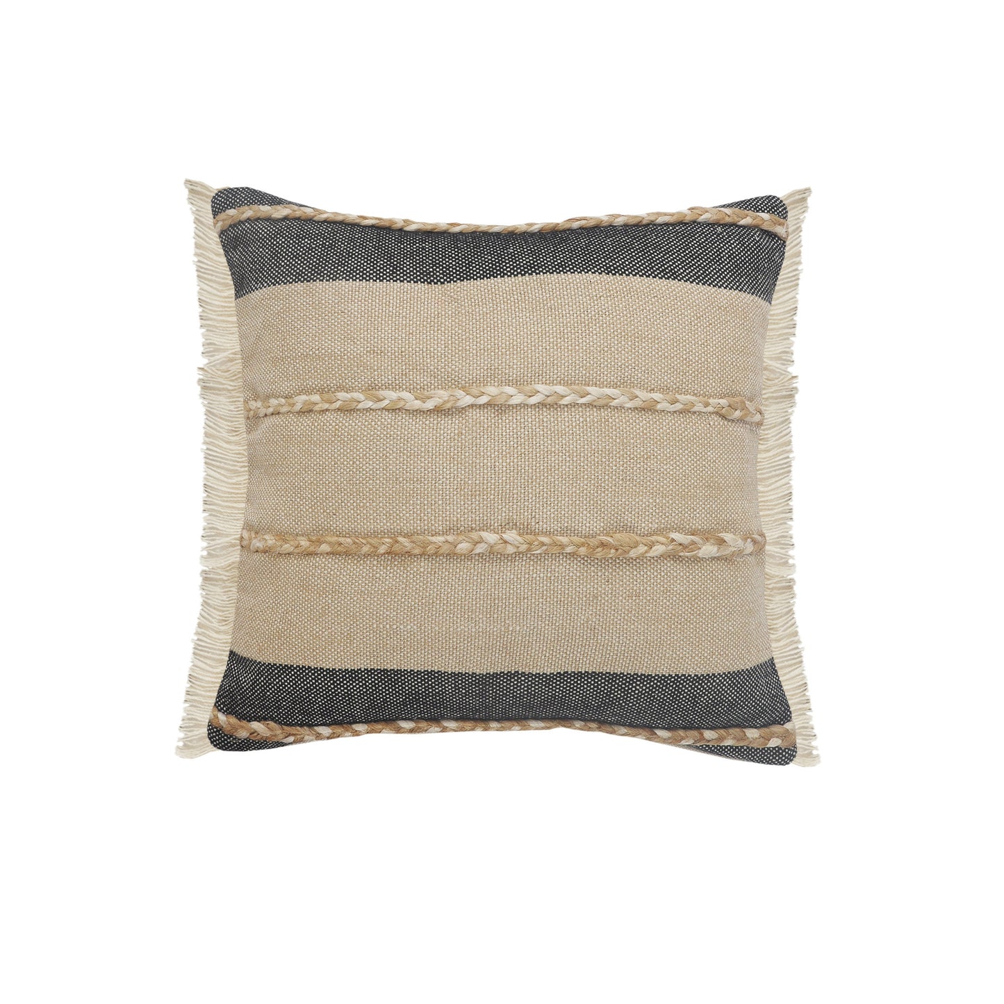 14" X 36" Black Tan And Taupe Jute Striped Zippered Pillow