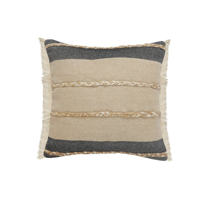 14" X 36" Black Tan And Taupe Jute Striped Zippered Pillow