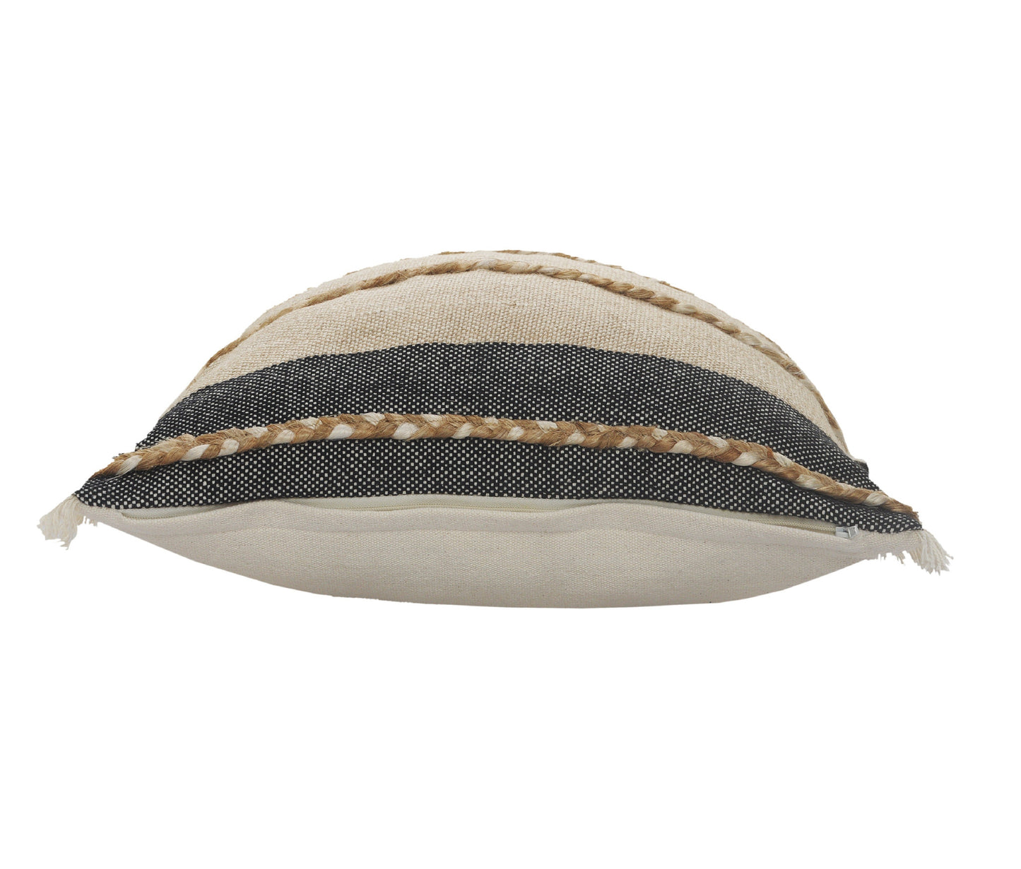 14" X 36" Black Tan And Taupe Jute Striped Zippered Pillow
