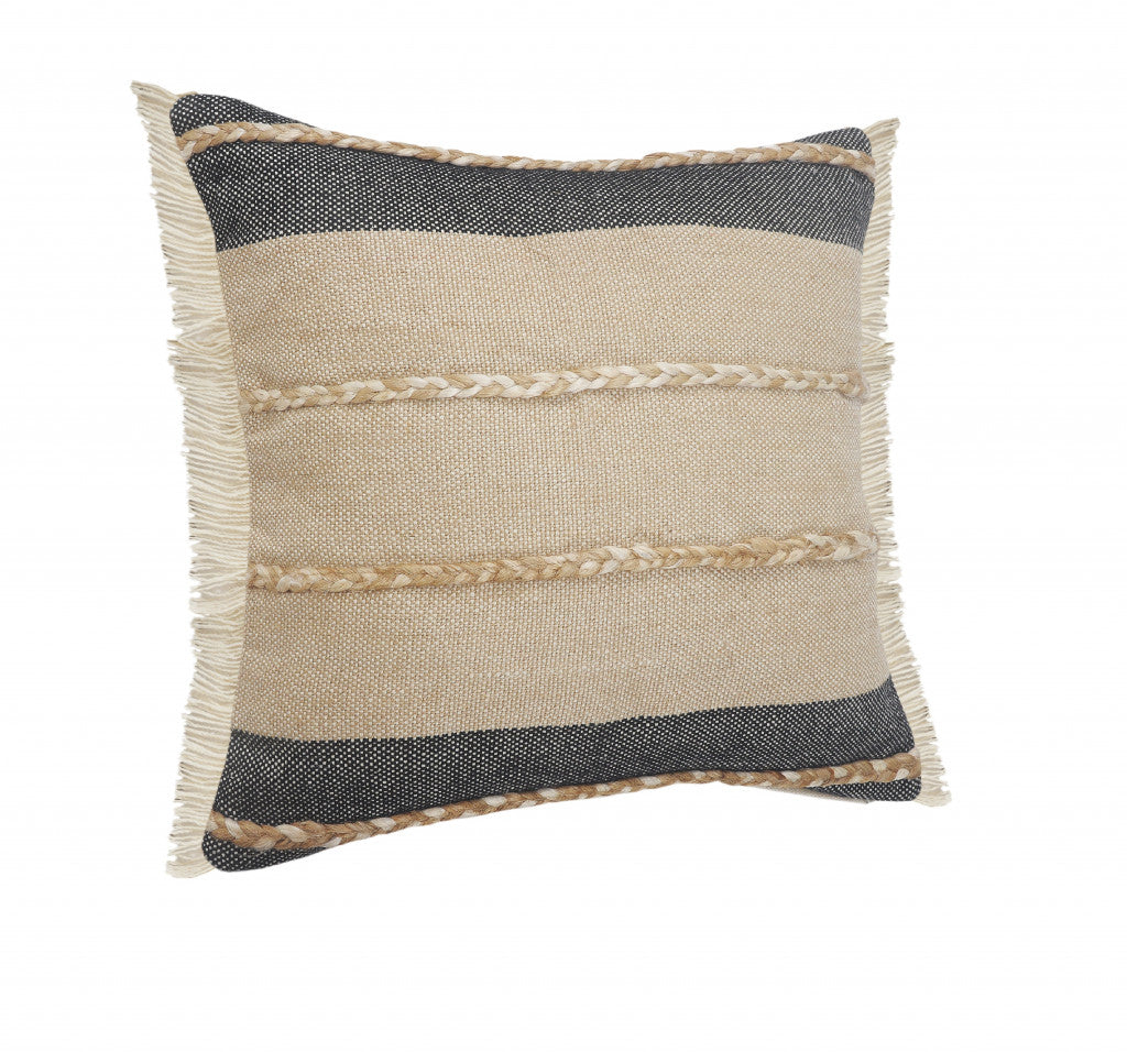 14" X 36" Black Tan And Taupe Jute Striped Zippered Pillow