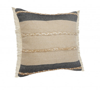 14" X 36" Black Tan And Taupe Jute Striped Zippered Pillow