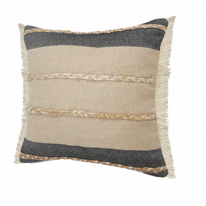 14" X 36" Black Tan And Taupe Jute Striped Zippered Pillow