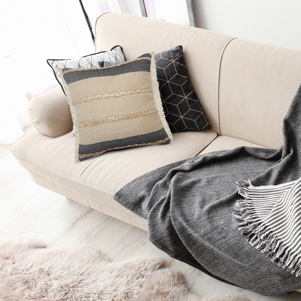 14" X 36" Black Tan And Taupe Jute Striped Zippered Pillow