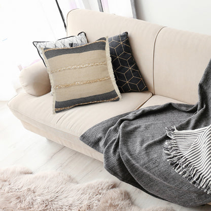 14" X 36" Black Tan And Taupe Jute Striped Zippered Pillow