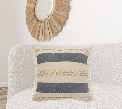 14" X 36" Denim Tan And Taupe Jute Coastal Zippered Pillow