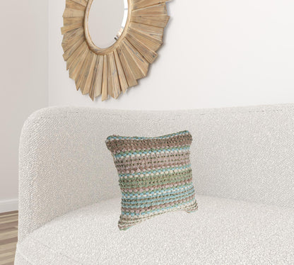 18" X 18" Blue and Green Striped Cotton Zippered Pillow