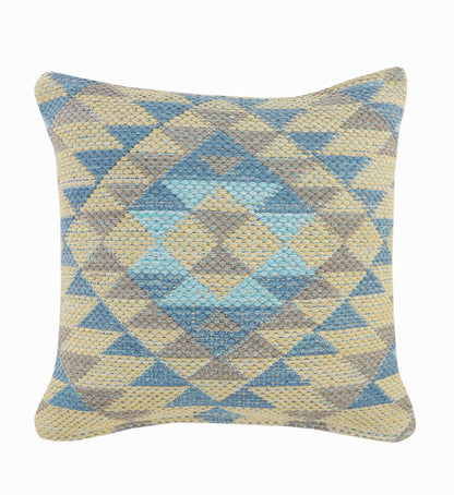 18" X 18" Blue Gray And Beige 100% Cotton Geometric Zippered Pillow