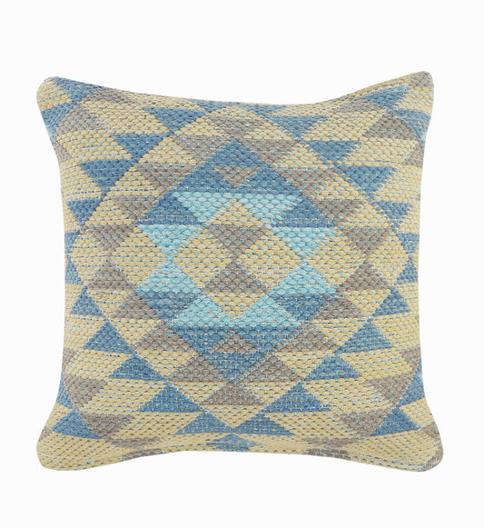 18" X 18" Blue Gray And Beige 100% Cotton Geometric Zippered Pillow