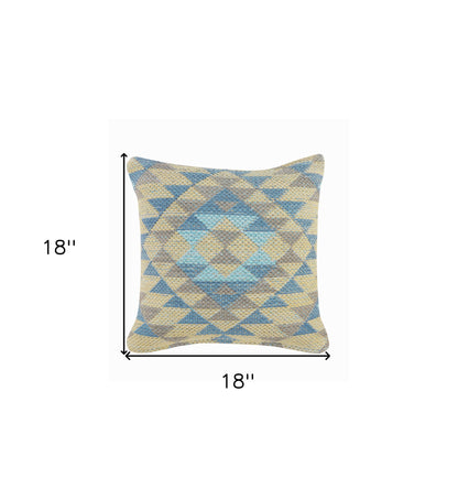 18" X 18" Blue Gray And Beige 100% Cotton Geometric Zippered Pillow