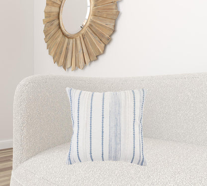 20" X 20" White And Blue 100% Cotton Geometric Zippered Pillow