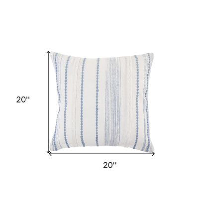 20" X 20" White And Blue 100% Cotton Geometric Zippered Pillow