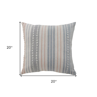 20" X 20" White And Blue 100% Cotton Geometric Zippered Pillow