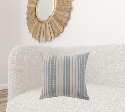 20" X 20" White And Blue 100% Cotton Geometric Zippered Pillow
