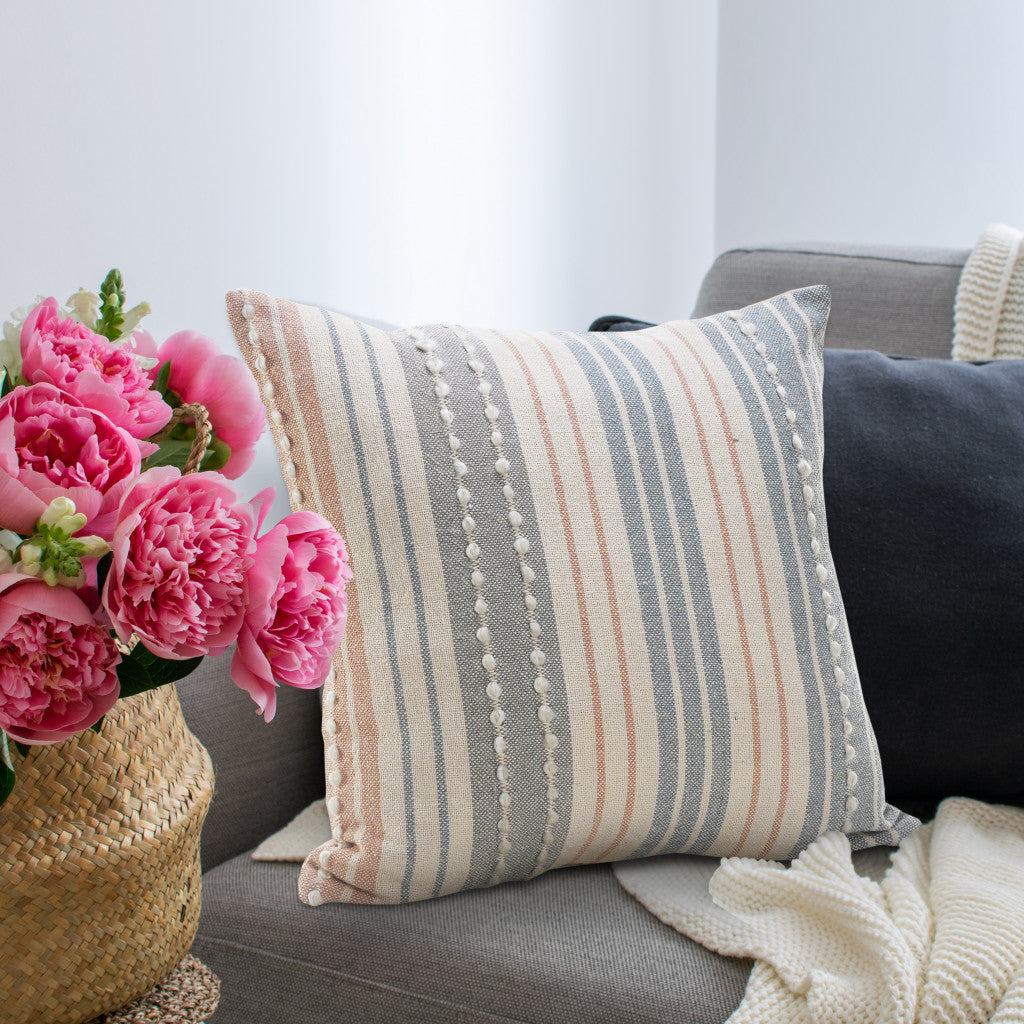 20" X 20" White And Blue 100% Cotton Geometric Zippered Pillow