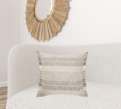 20" X 20" Cream Tan And Beige 100% Cotton Striped Zippered Pillow
