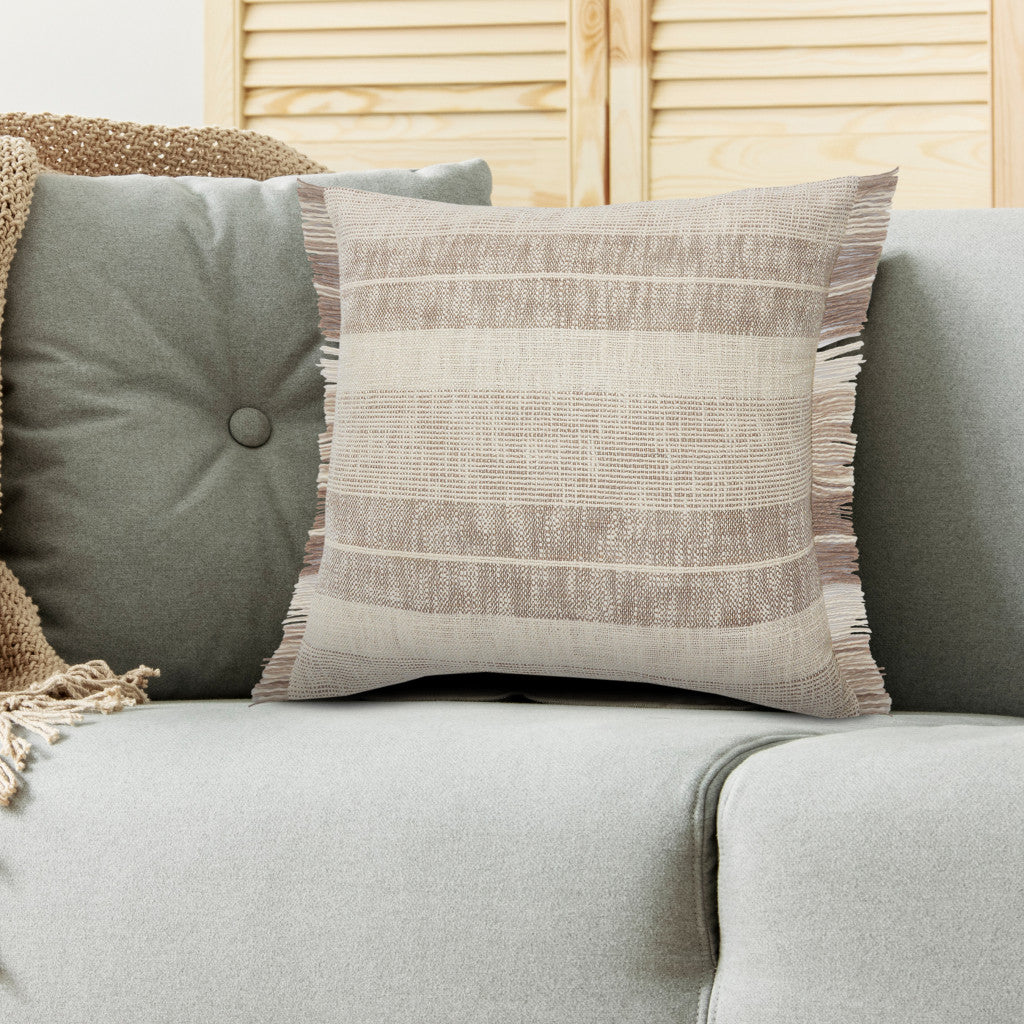 20" X 20" Cream Tan And Beige 100% Cotton Striped Zippered Pillow